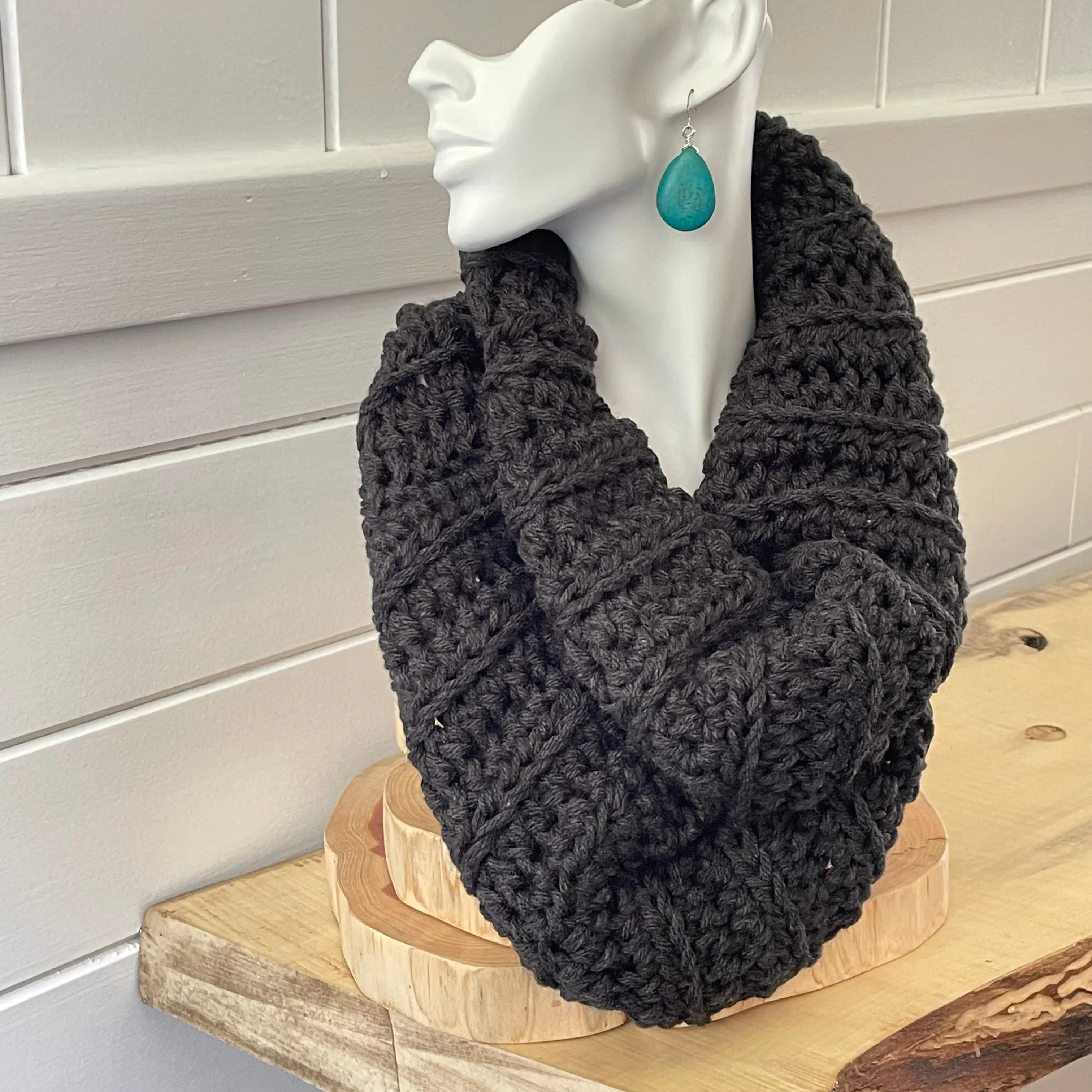 Charcoal Slate Grey Cowl Scarf Hand Crochet Knit Winter Fall Men Women Unisex Retro Vintage Style Handmade Gift Accessory