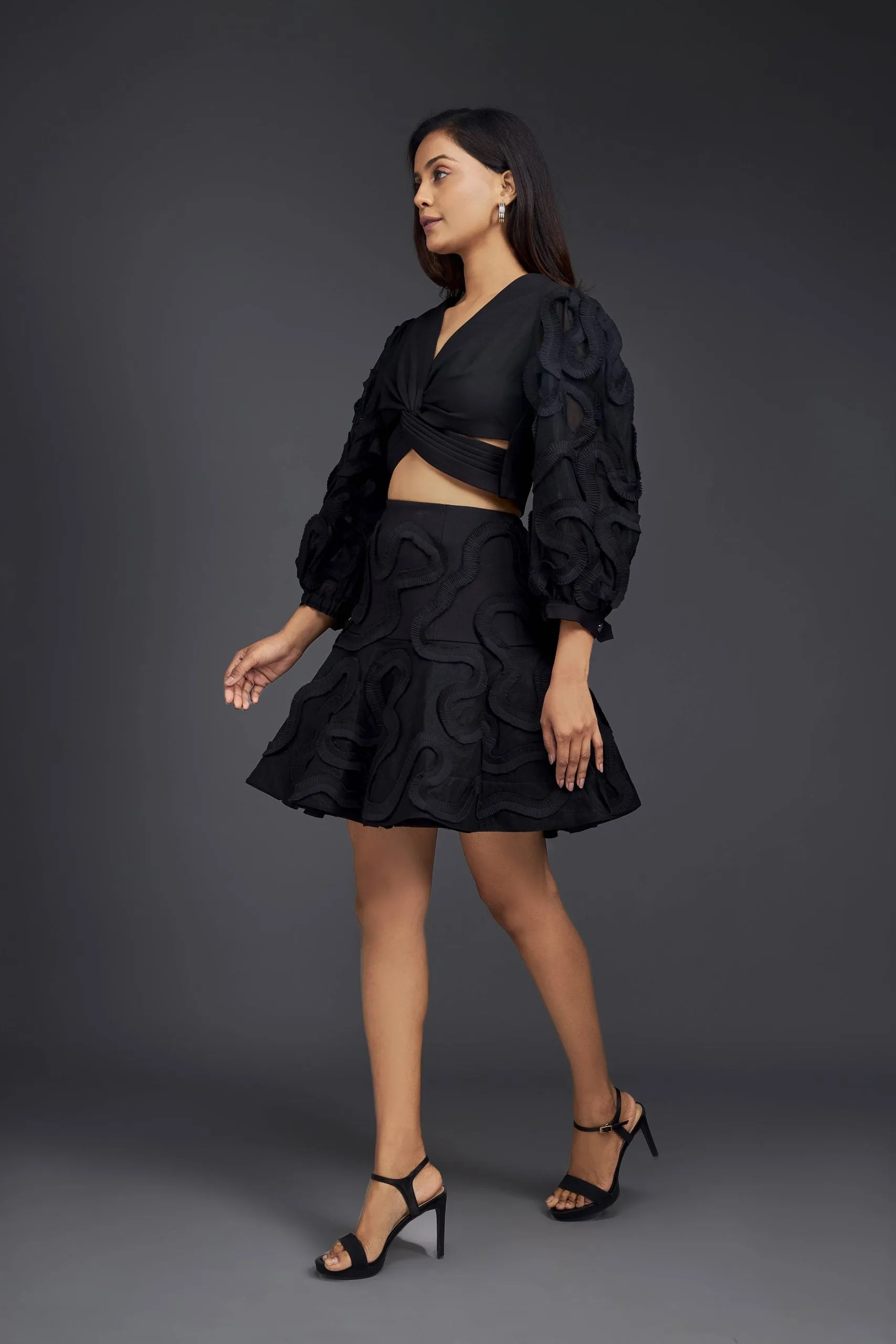 CO-ORD SET WITH PLEATED FRILL DETAILING ON SLEEVES & SKIRT