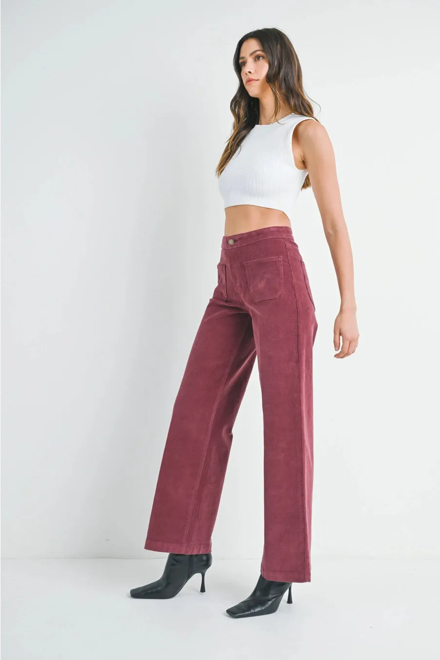 Corduroy Mini Patch Pocket Jeans in Burgundy