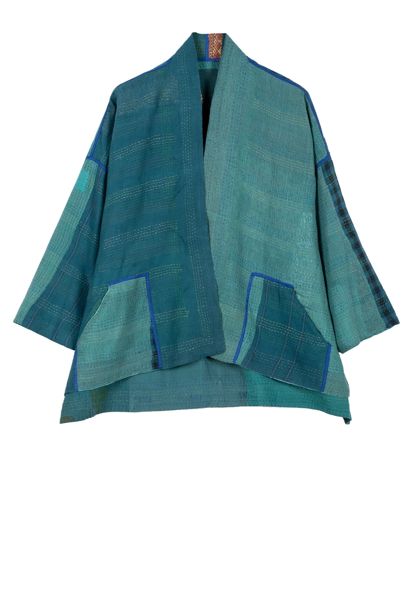 COTTON SILK SW PATCH KANTHA MINI KIMONO JACKET - ws2055-tel -