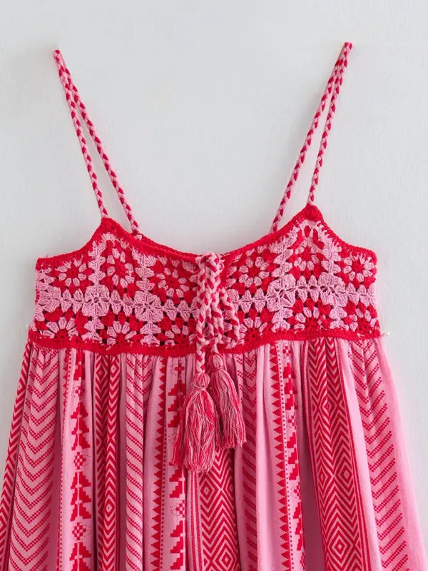 Crochet patchwork knitted ethnic style slip dress