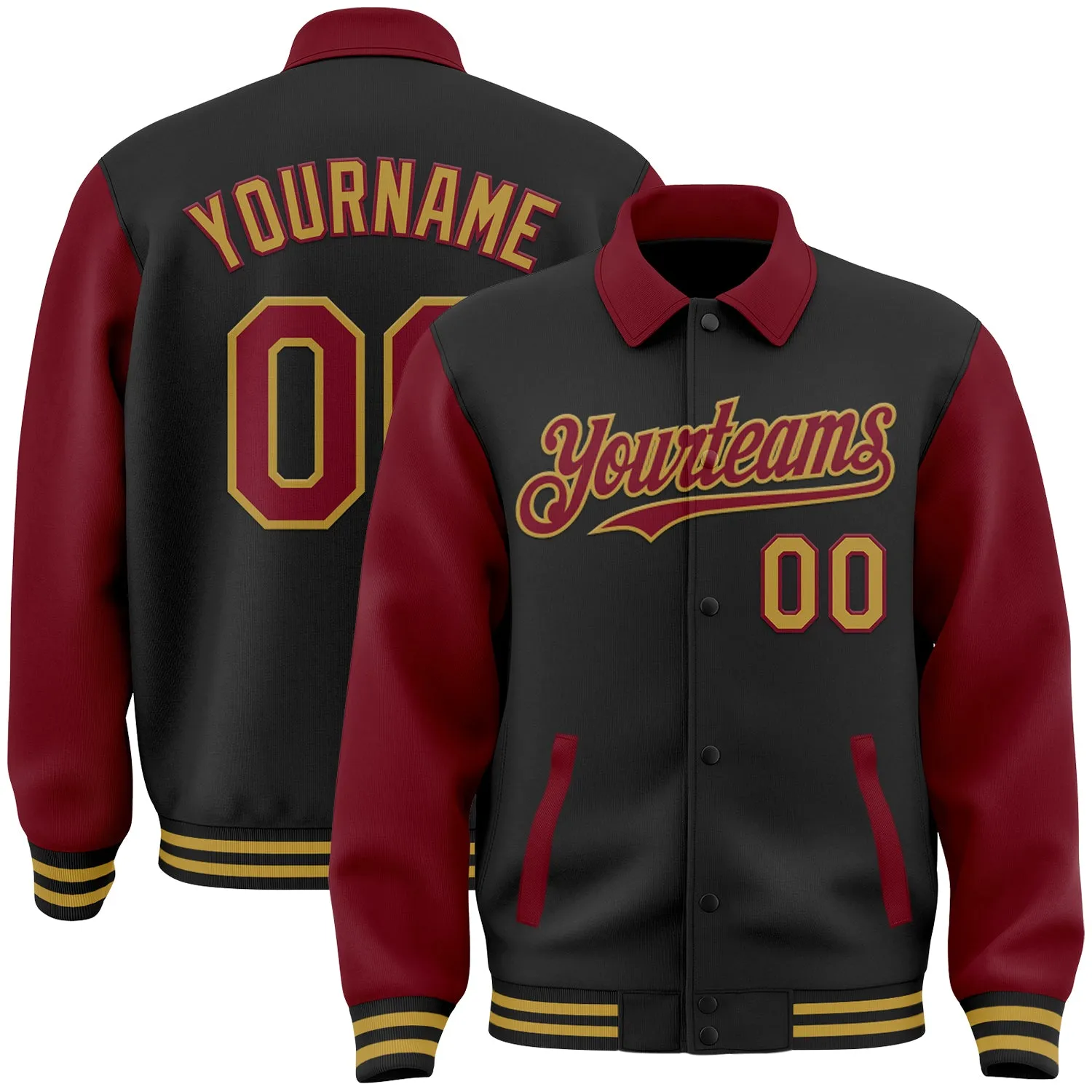 Custom Black Crimson-Old Gold Bomber Full-Snap Varsity Letterman Two Tone Lapel Collar Byron Jacket