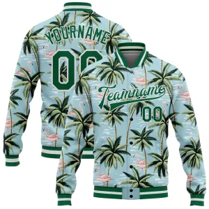 Custom Lakes Blue Kelly Green-White Flamingo And Tropical Hawaii Palm Tree 3D Bomber Full-Snap Varsity Letterman Jacket