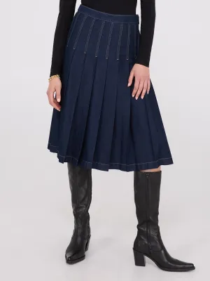 Denim Pleated Midi Skirt