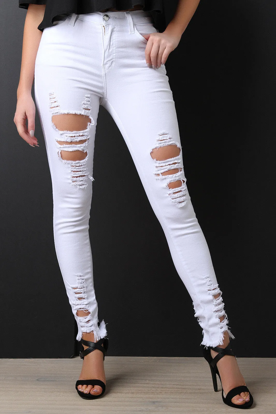 Distress Unfinished Hem Skinny Jeans