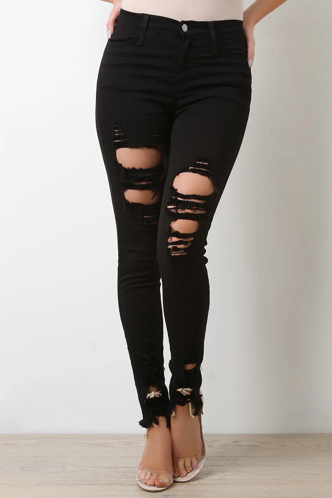 Distress Unfinished Hem Skinny Jeans