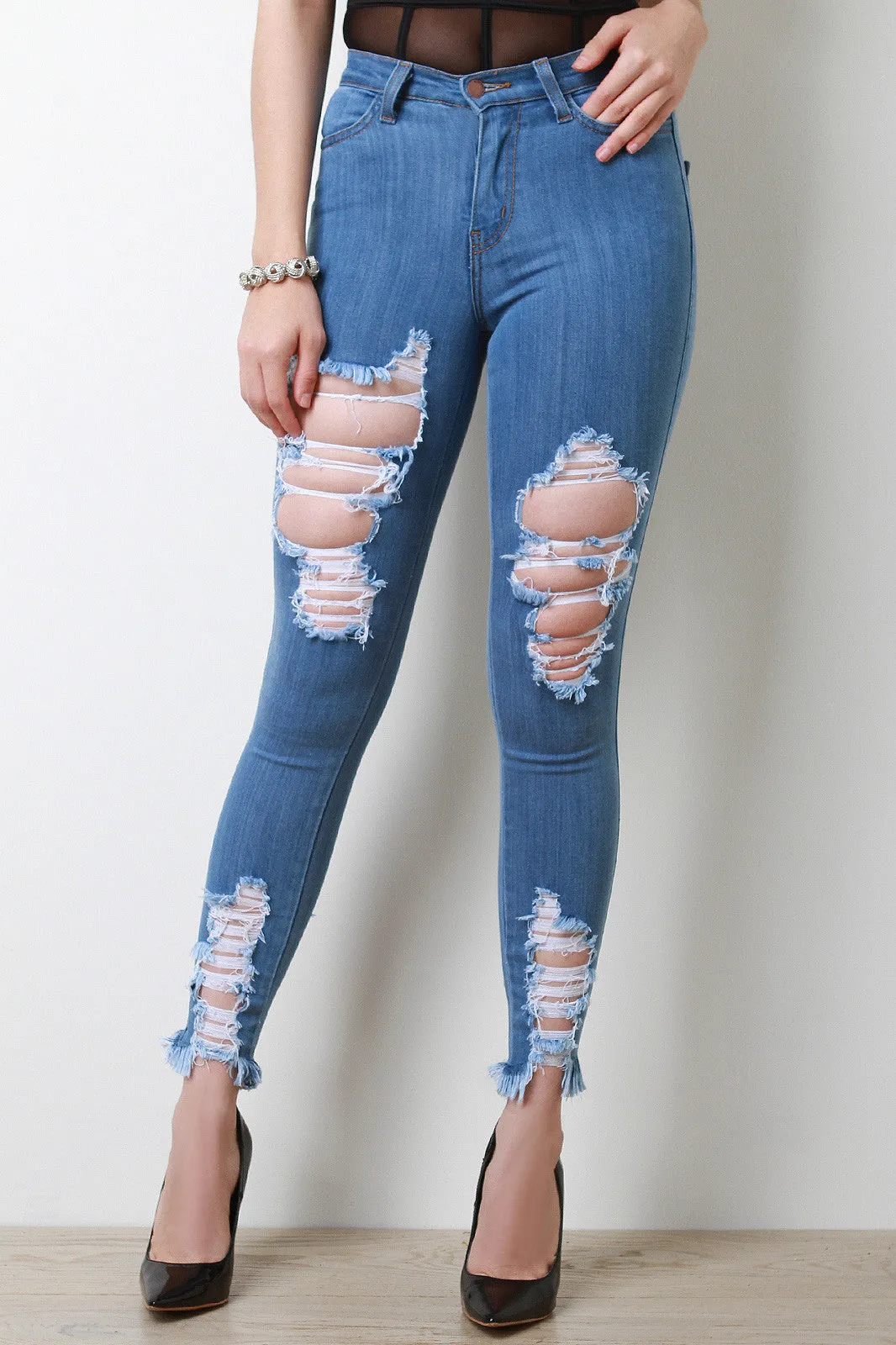 Distress Unfinished Hem Skinny Jeans