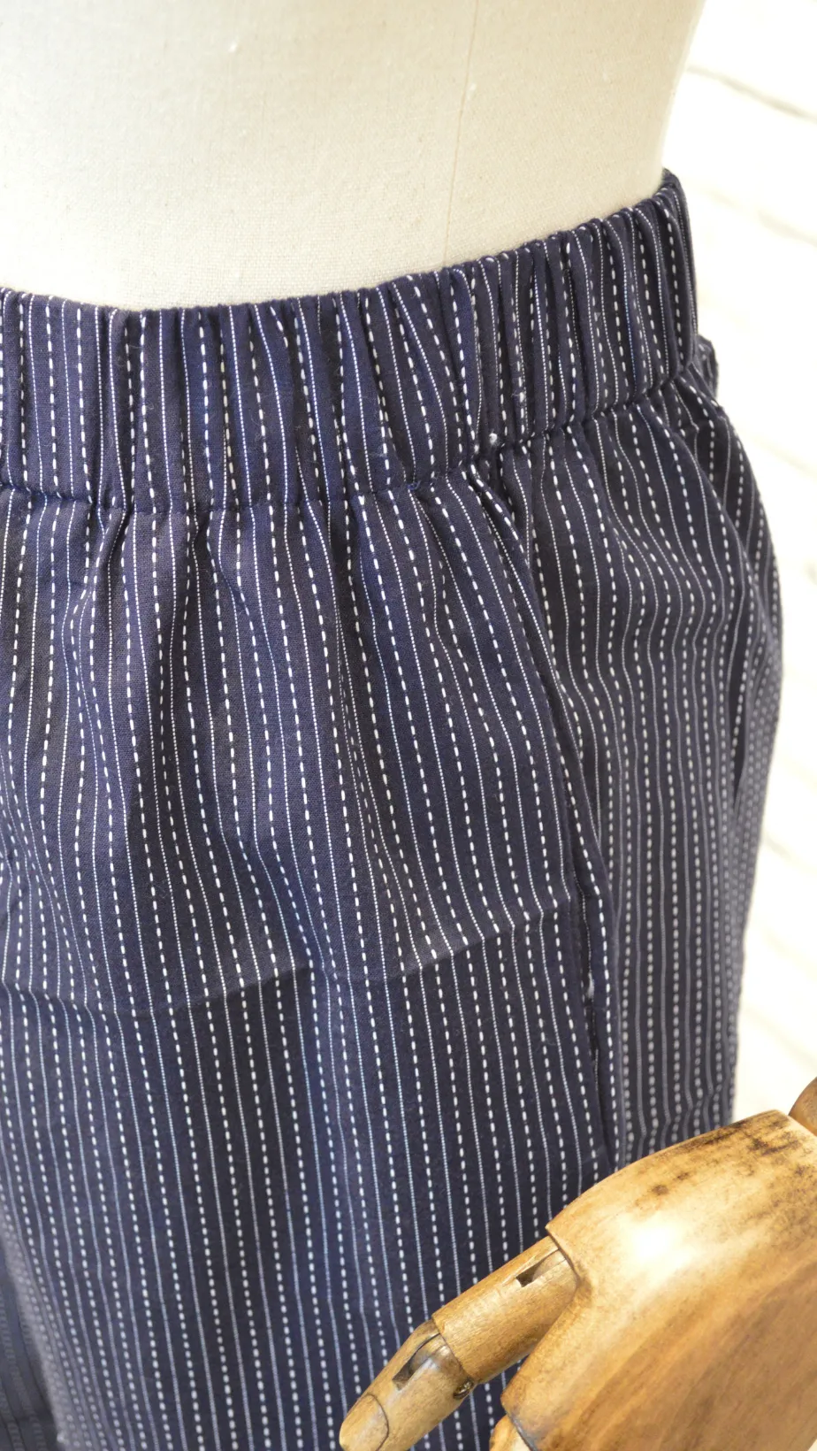 Elasticated cotton trousers- navy blue striped