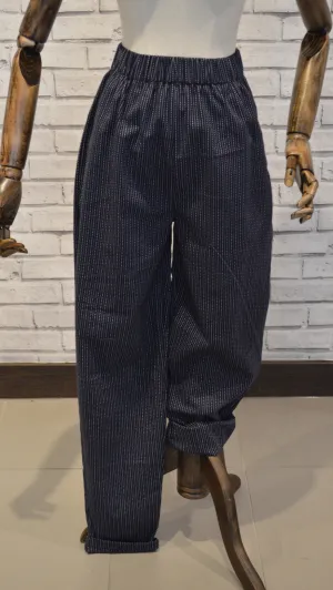 Elasticated cotton trousers- navy blue striped