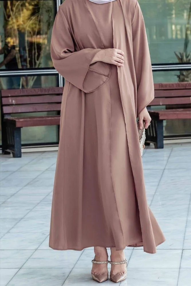 Ellaa 3 piece set with sleevless dress, apron and open front abaya in beige