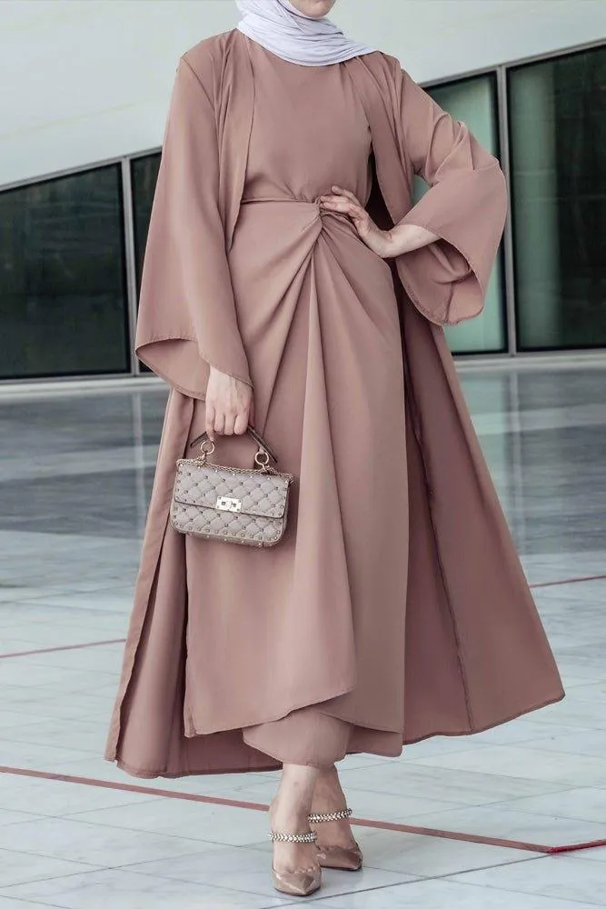 Ellaa 3 piece set with sleevless dress, apron and open front abaya in beige