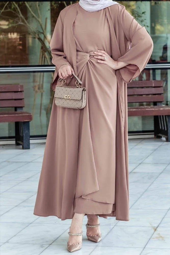 Ellaa 3 piece set with sleevless dress, apron and open front abaya in beige