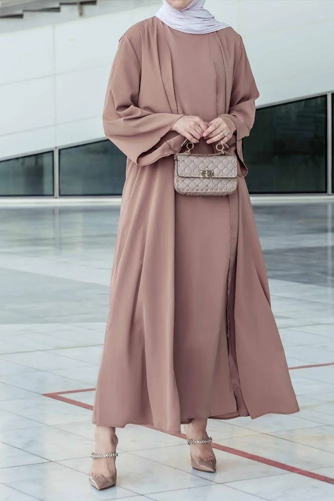 Ellaa 3 piece set with sleevless dress, apron and open front abaya in beige