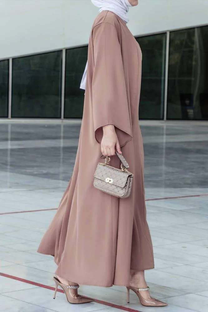 Ellaa 3 piece set with sleevless dress, apron and open front abaya in beige