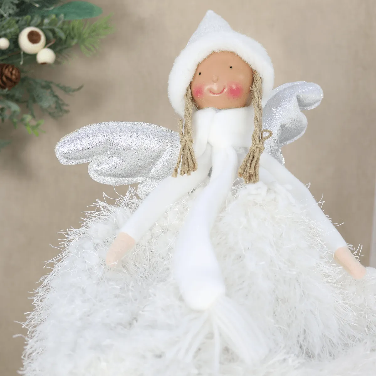 Fabric Christmas Tree Fairy Topper White Silver Long Robe 55cm