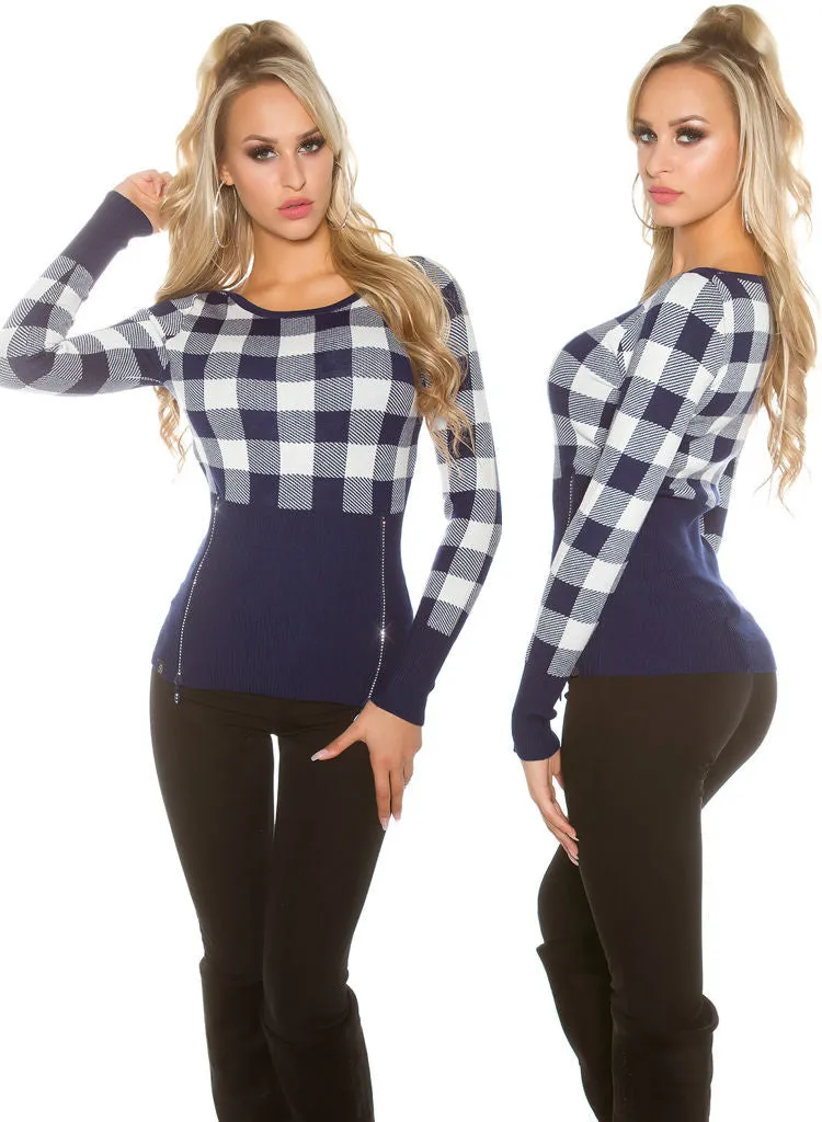 Feminine stylish Blue checked knitwear Jumper top.size fits UK 8/10