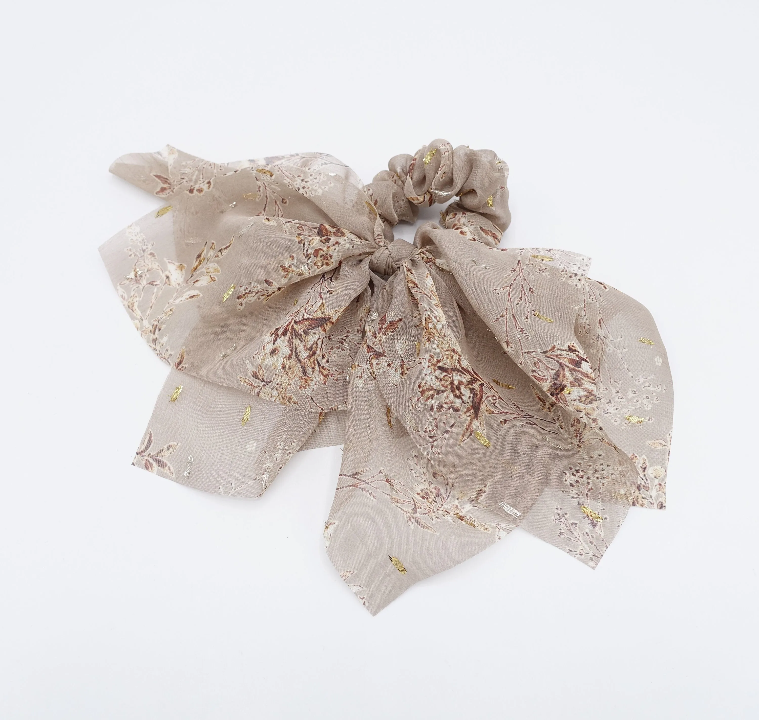 floral bow scrunchies, chiffon scrunchies, golden glittering hair ties for women