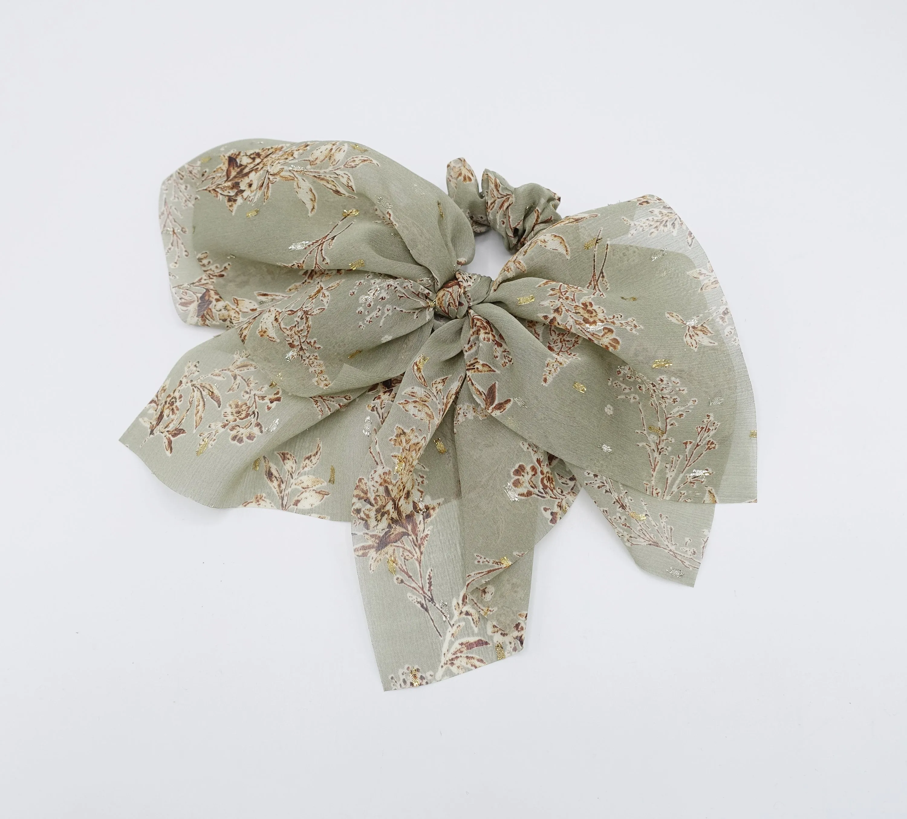 floral bow scrunchies, chiffon scrunchies, golden glittering hair ties for women