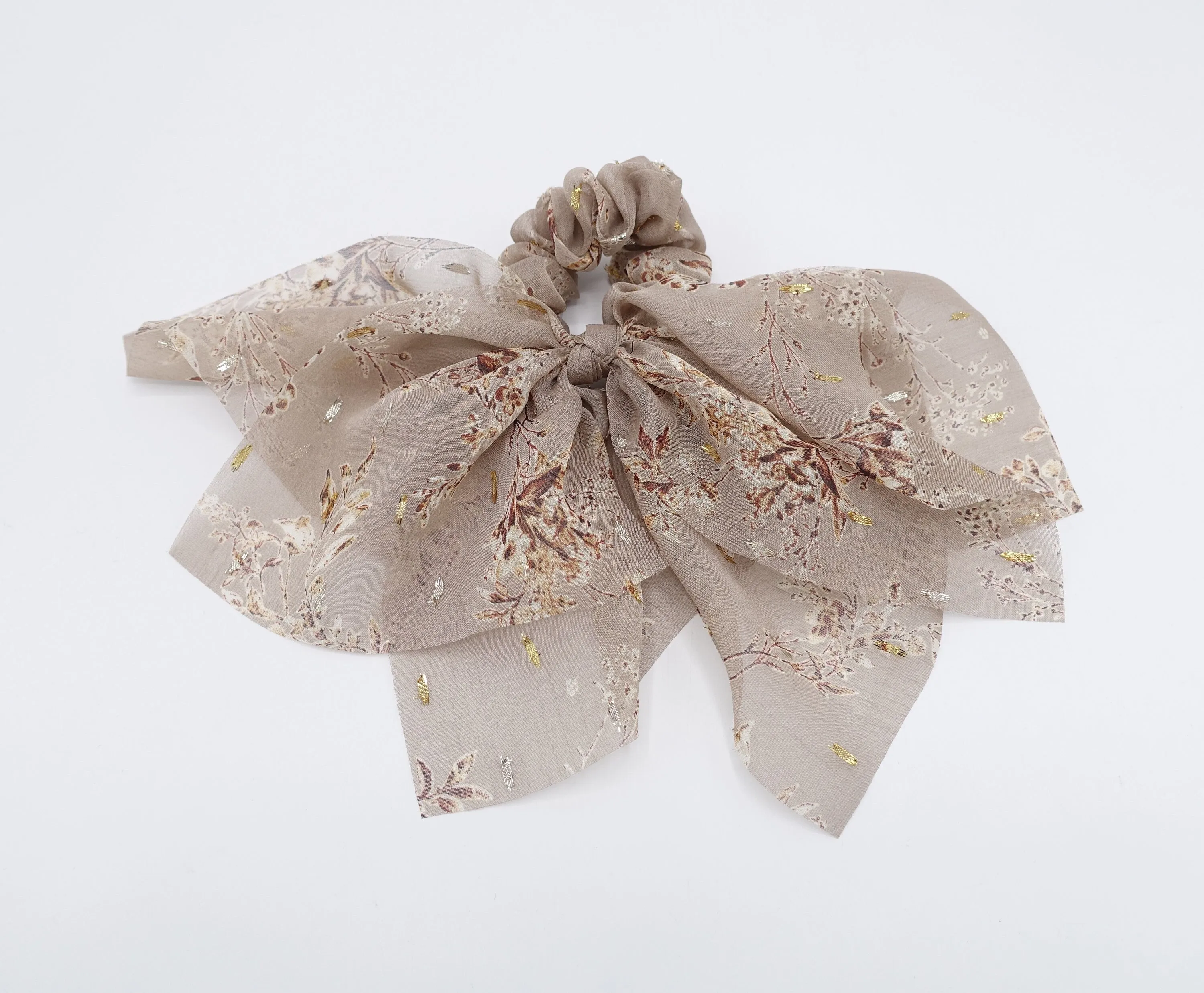 floral bow scrunchies, chiffon scrunchies, golden glittering hair ties for women