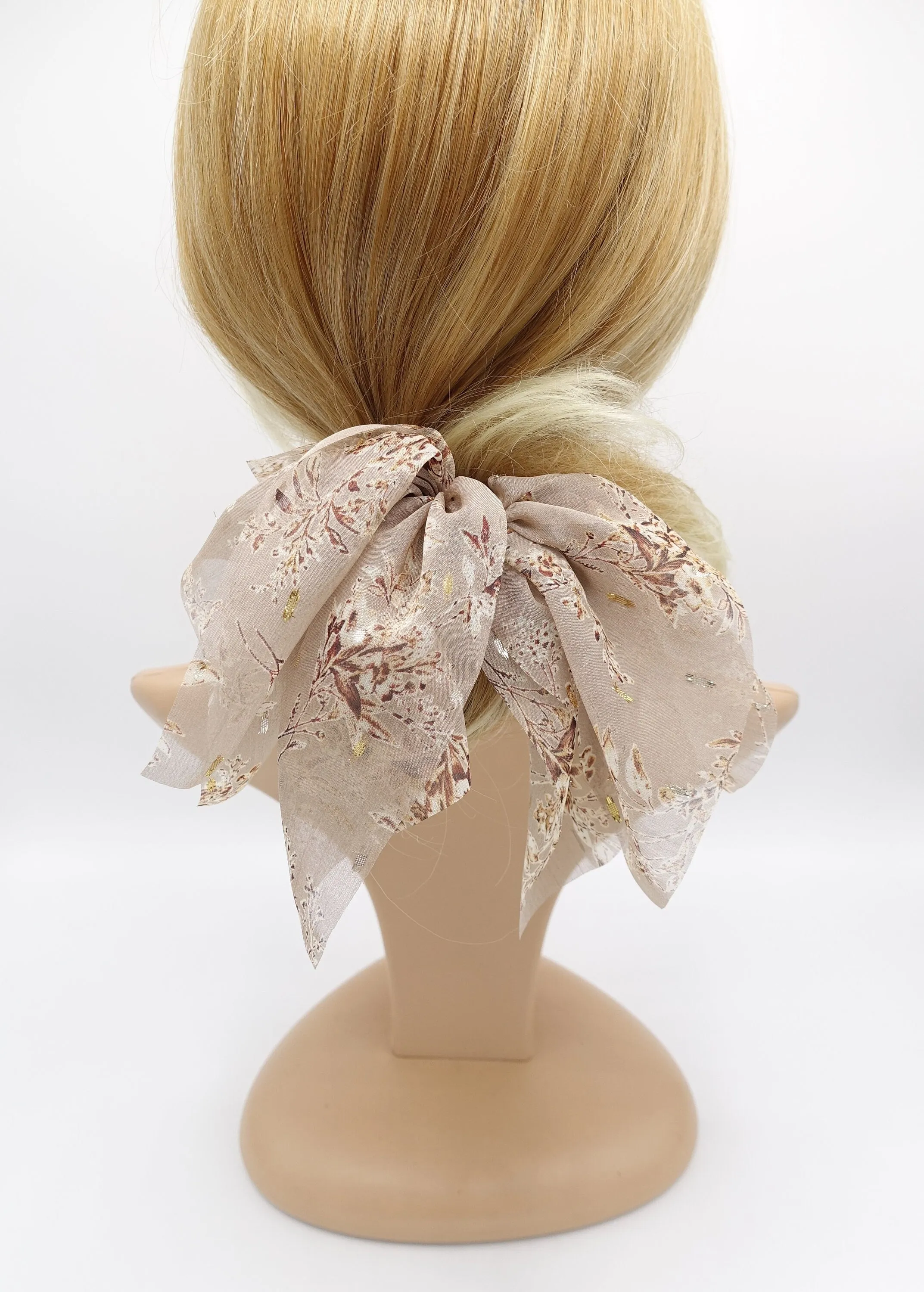 floral bow scrunchies, chiffon scrunchies, golden glittering hair ties for women