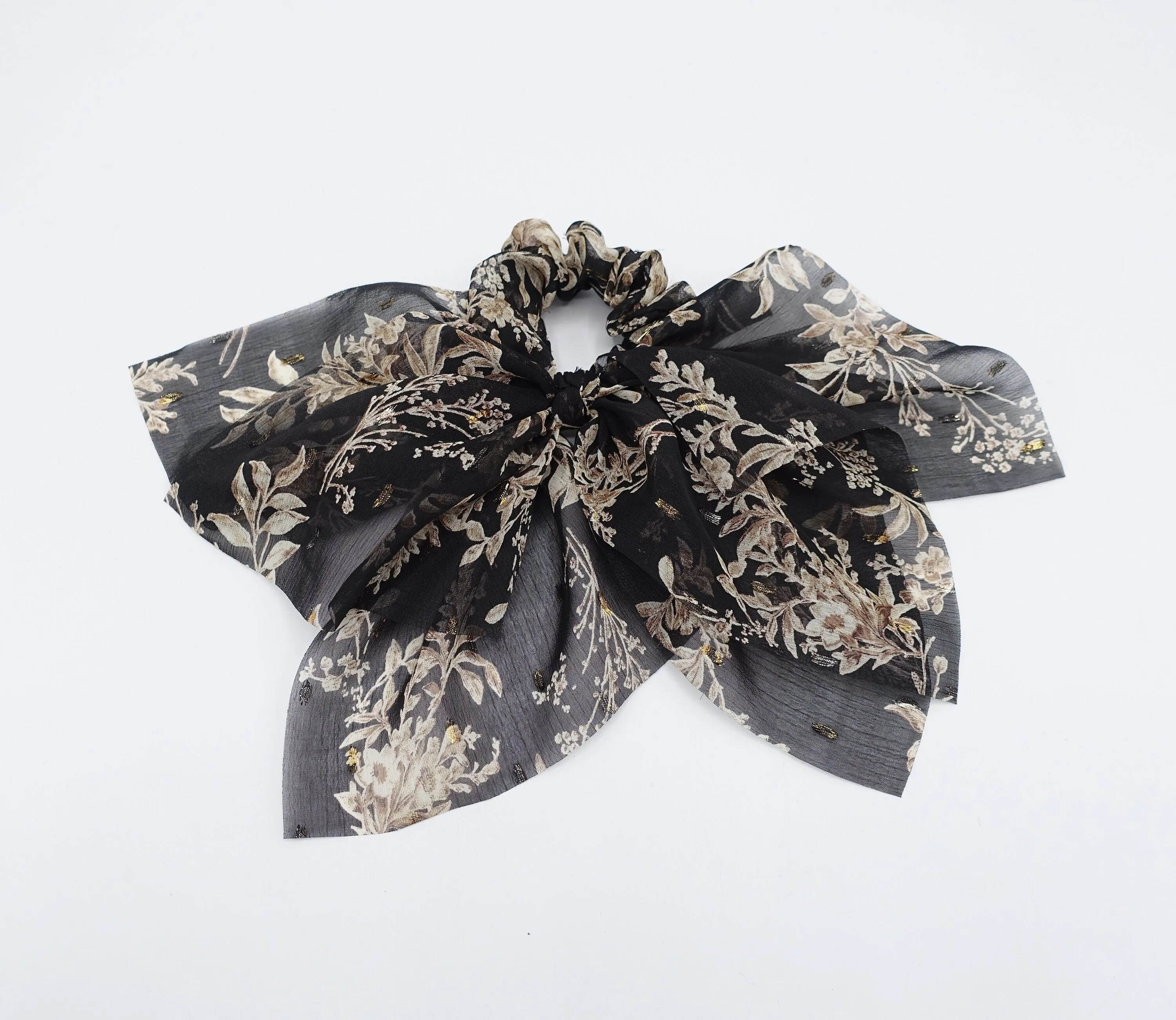 floral bow scrunchies, chiffon scrunchies, golden glittering hair ties for women