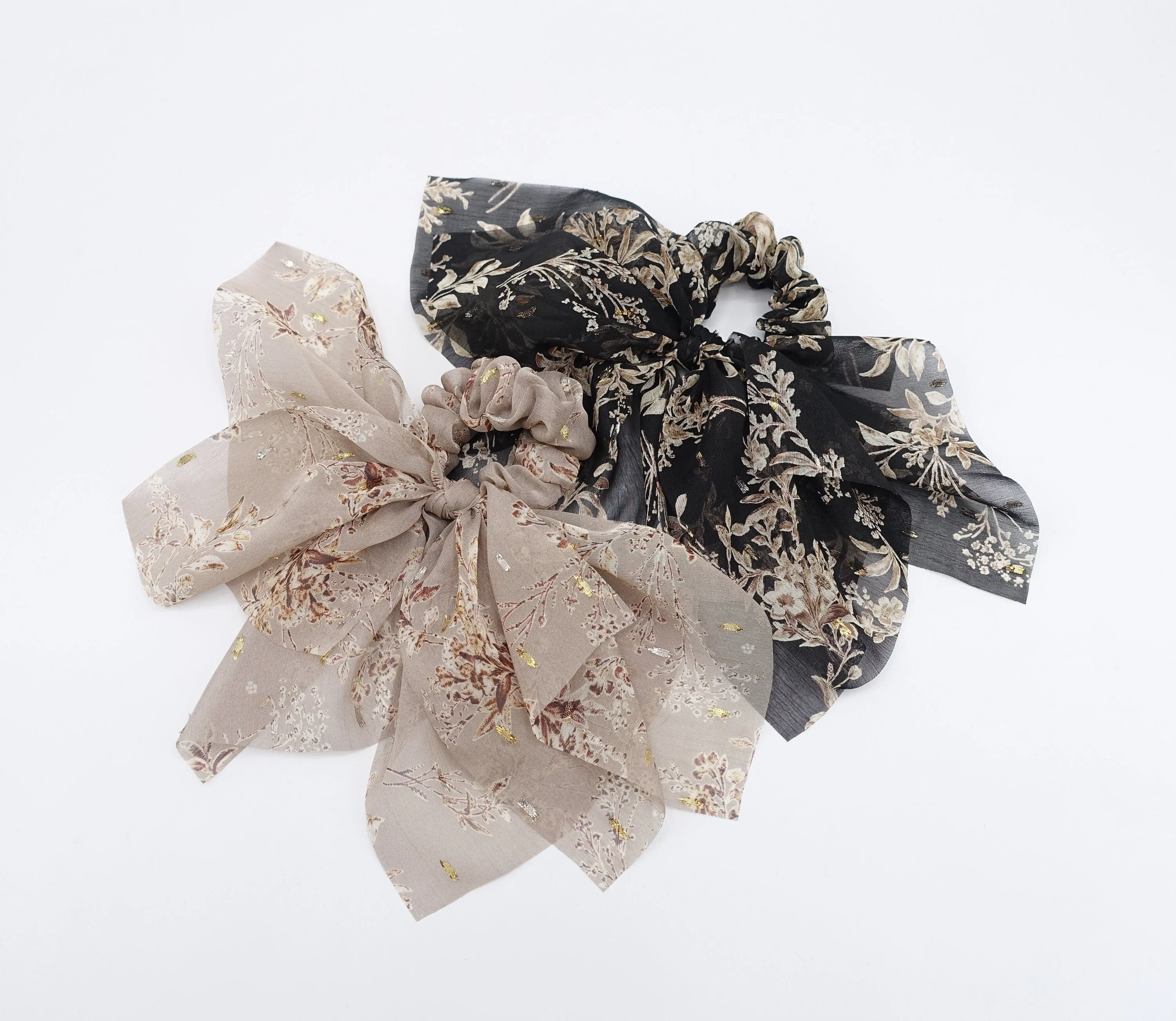 floral bow scrunchies, chiffon scrunchies, golden glittering hair ties for women