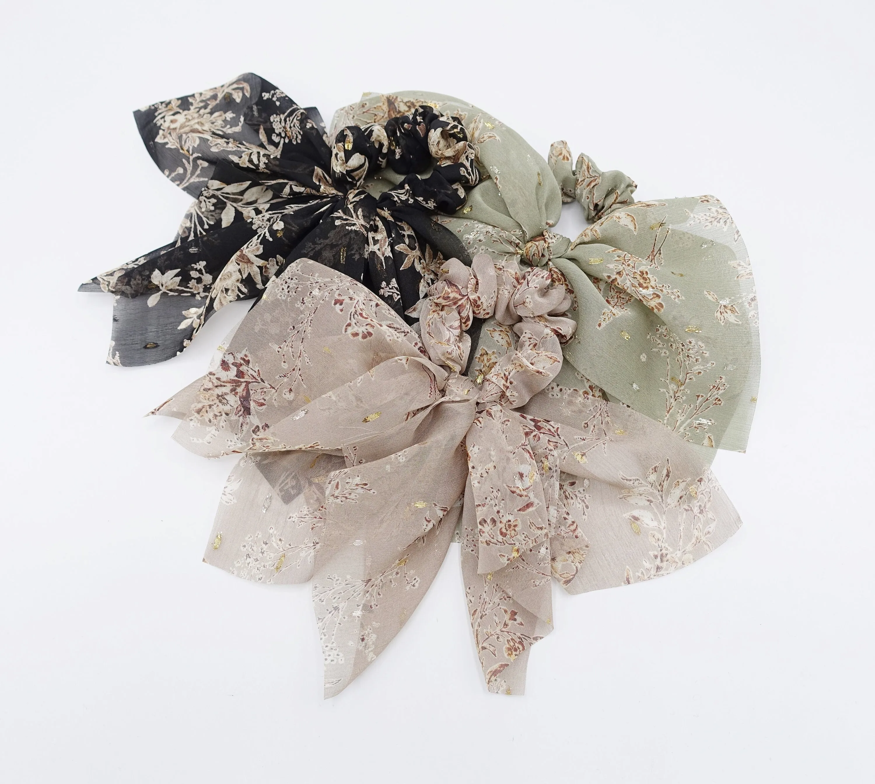 floral bow scrunchies, chiffon scrunchies, golden glittering hair ties for women