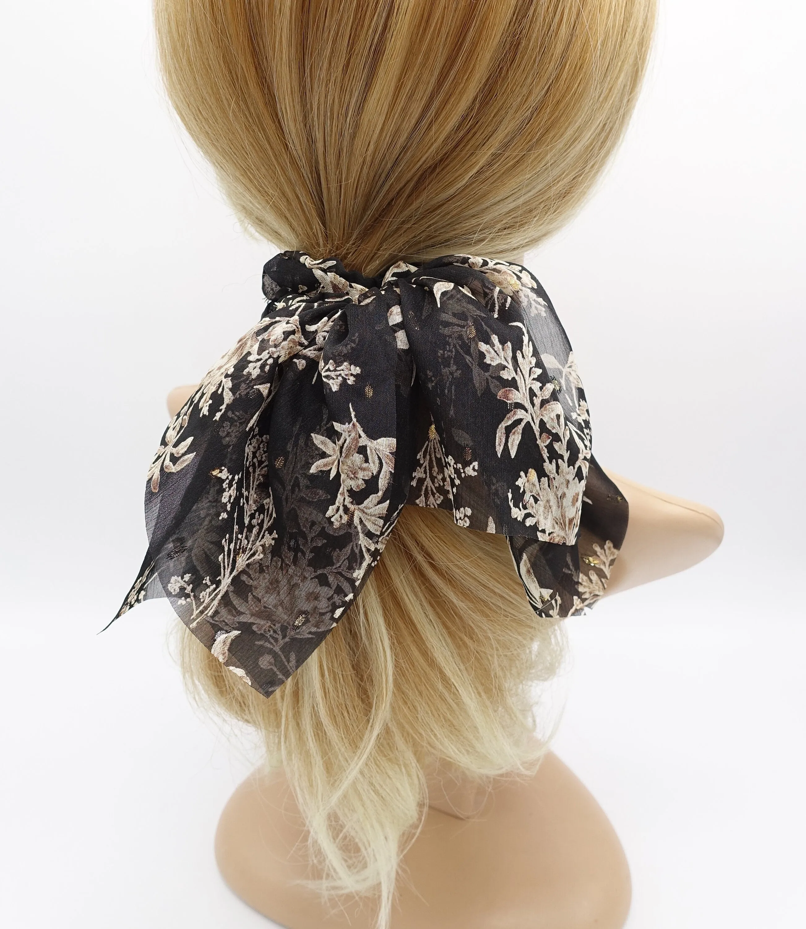 floral bow scrunchies, chiffon scrunchies, golden glittering hair ties for women