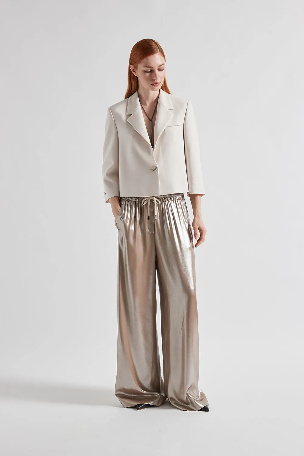 Fluid silver laminated twill trouser