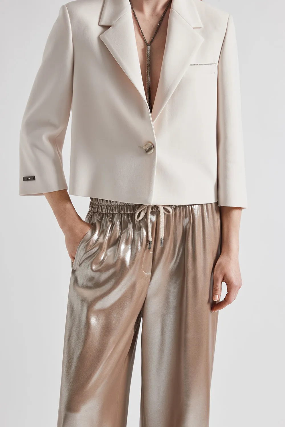 Fluid silver laminated twill trouser