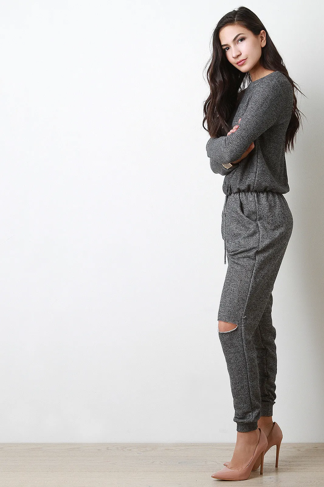 French Terry Slit Knees Sweat Jumpsuit