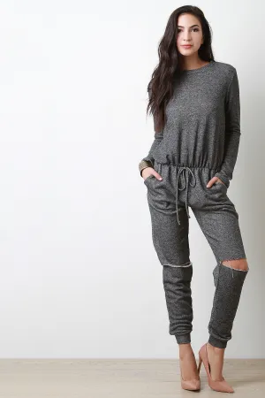 French Terry Slit Knees Sweat Jumpsuit