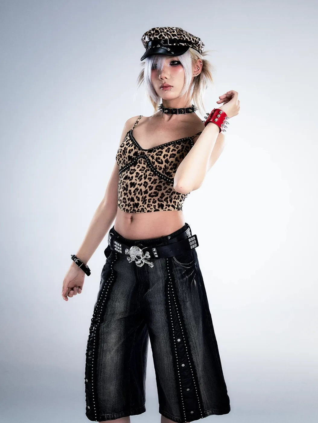 Frustration Garden Gothic Punk Denim Culottes - Black Faded Wide-Leg Capris with Studded Details