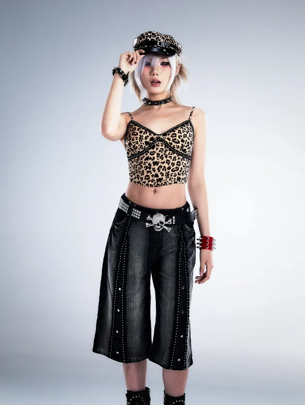 Frustration Garden Gothic Punk Denim Culottes - Black Faded Wide-Leg Capris with Studded Details