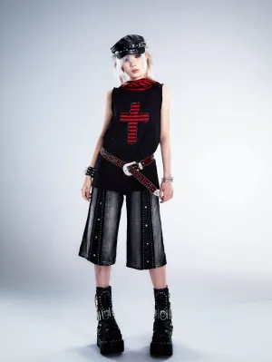 Frustration Garden Gothic Punk Denim Culottes - Black Faded Wide-Leg Capris with Studded Details