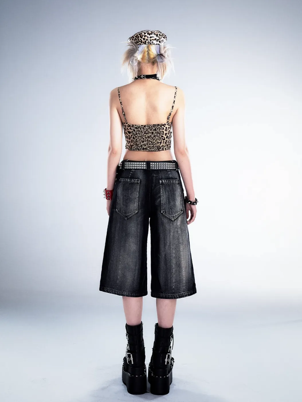 Frustration Garden Gothic Punk Denim Culottes - Black Faded Wide-Leg Capris with Studded Details