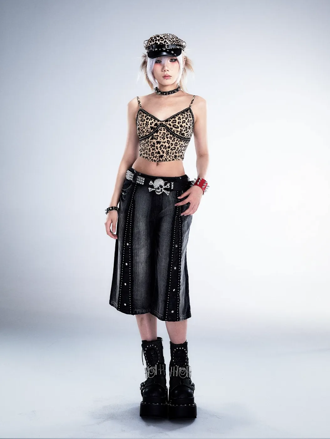 Frustration Garden Gothic Punk Denim Culottes - Black Faded Wide-Leg Capris with Studded Details