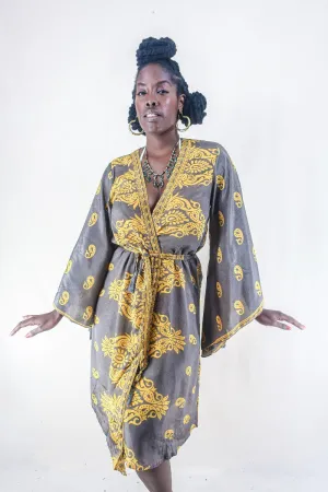 Gemini Kimono - Smokey Flourishes & Yellow Paisley - Vintage Indian Sari - Size XL