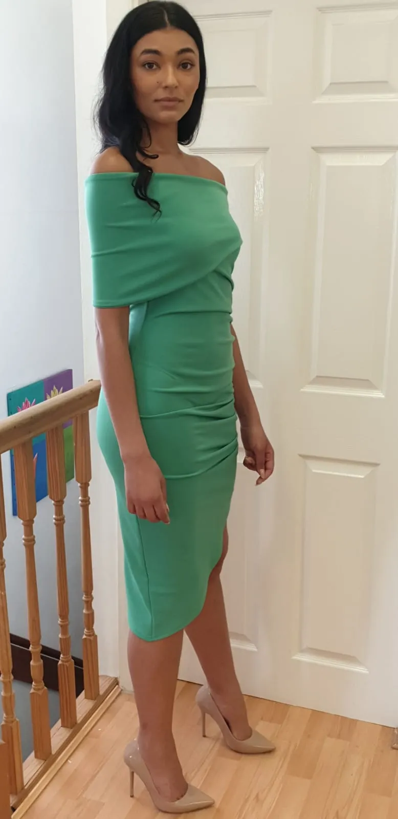 Gina green bardot ruched shoulder dress