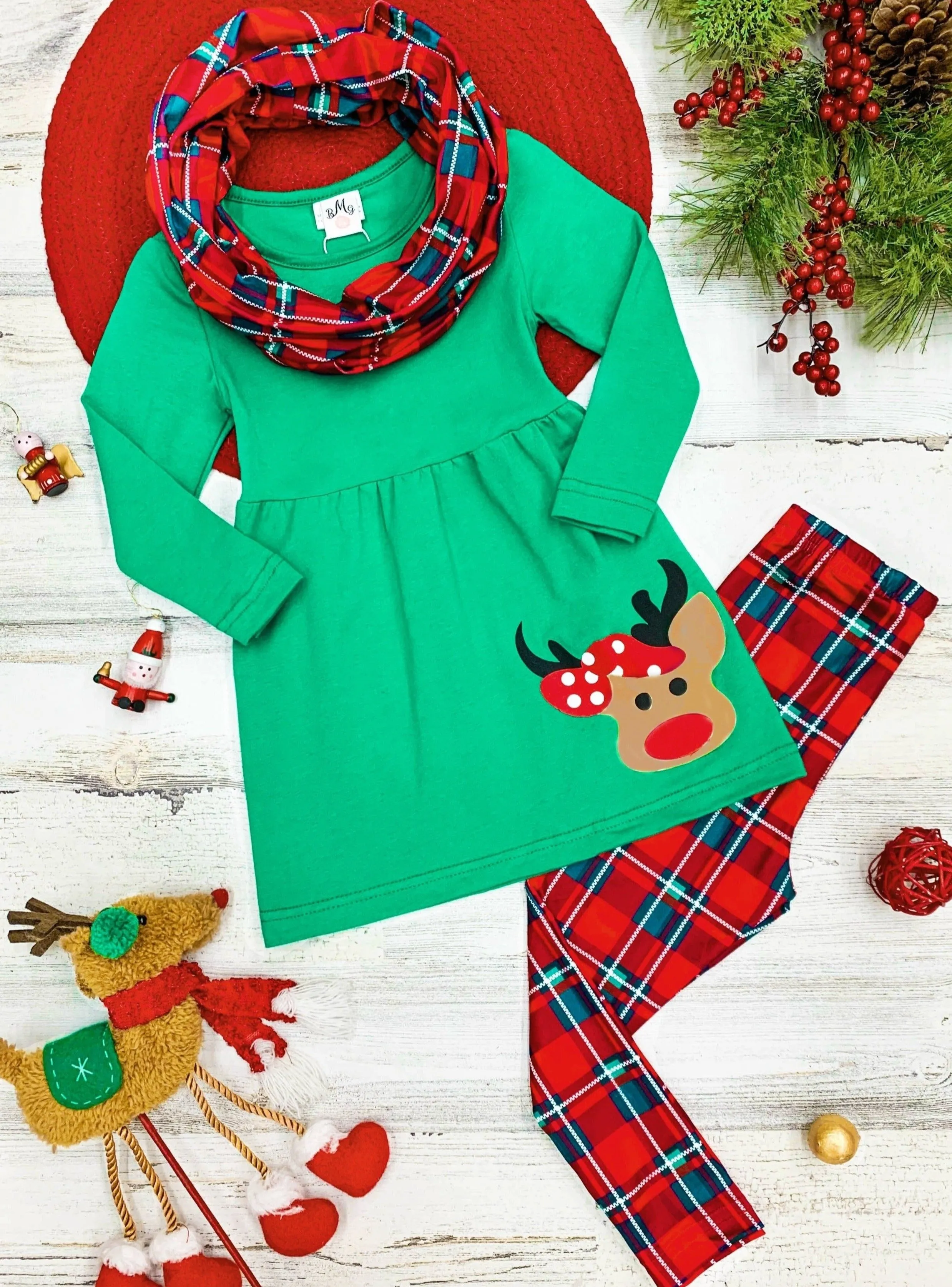 Girls Christmas Themed Green Long Sleeve Rudolph Applique Tunic and Red Plaid Leggings and Scarf Set