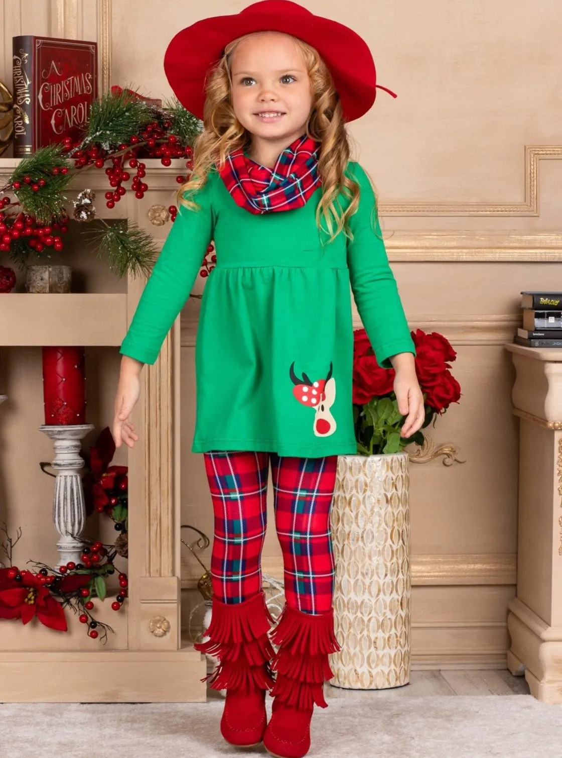 Girls Christmas Themed Green Long Sleeve Rudolph Applique Tunic and Red Plaid Leggings and Scarf Set