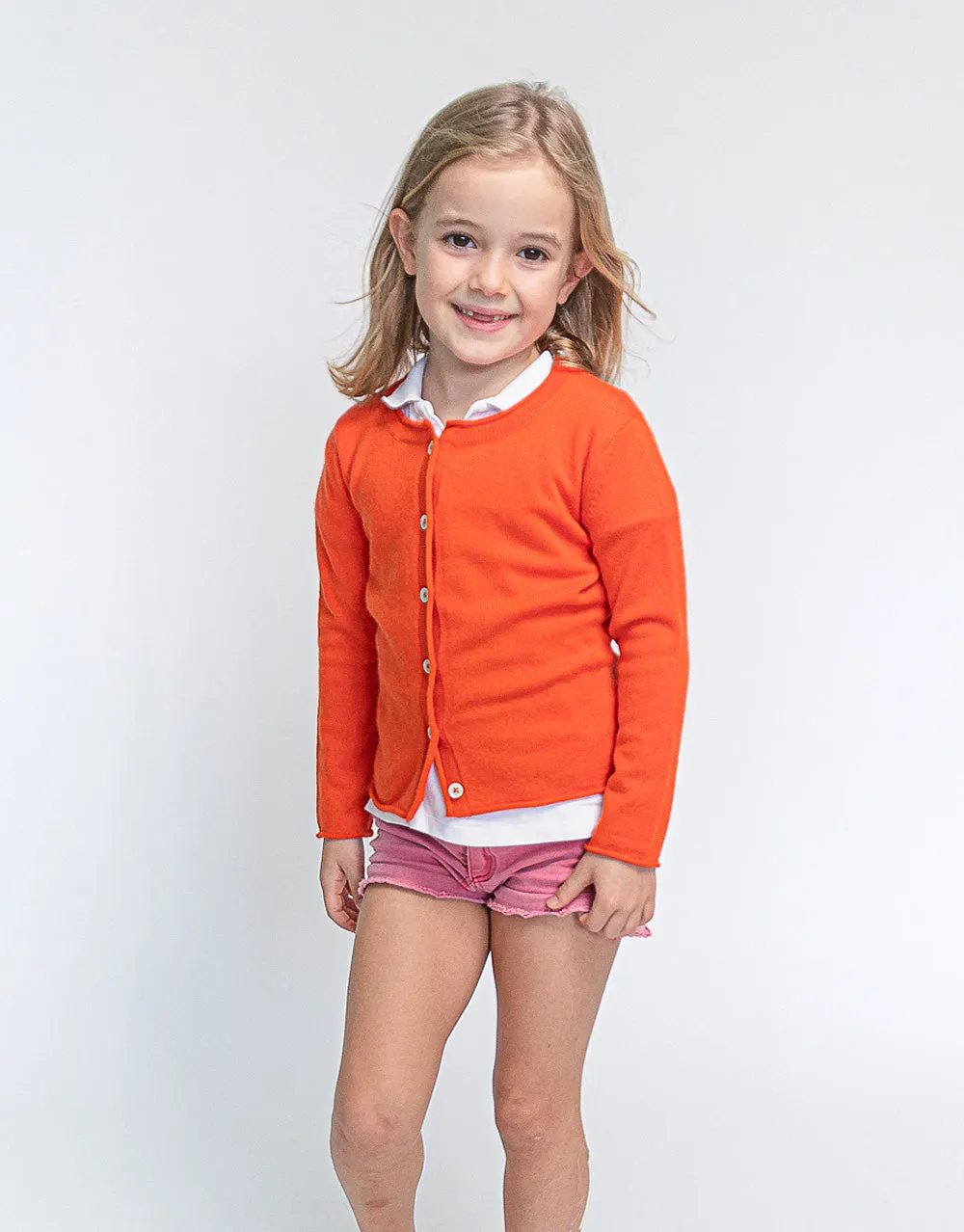 Girls Crew Neck Cashmere Cardigan in Dark Orange