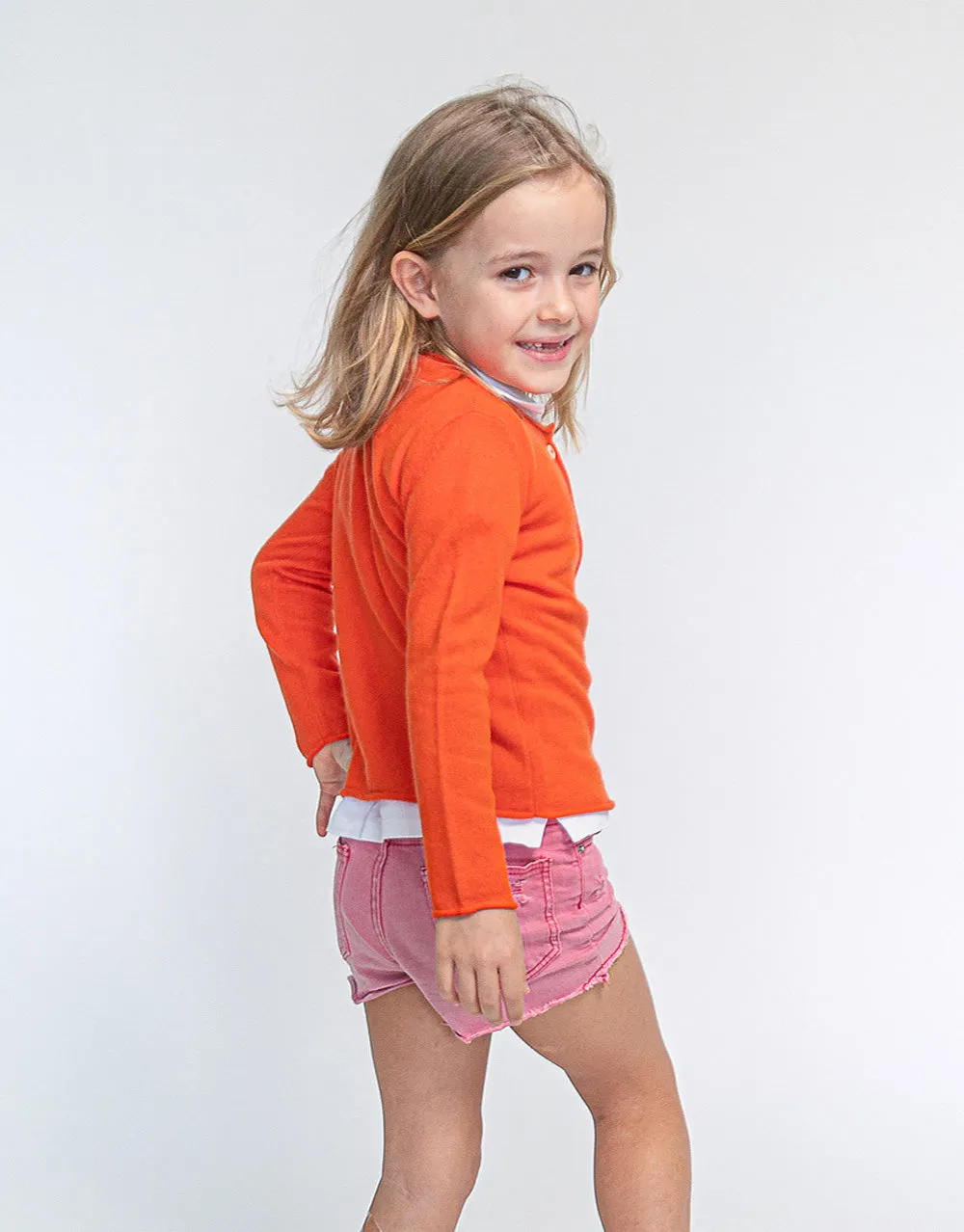 Girls Crew Neck Cashmere Cardigan in Dark Orange