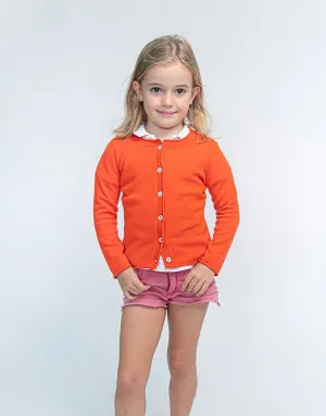 Girls Crew Neck Cashmere Cardigan in Dark Orange