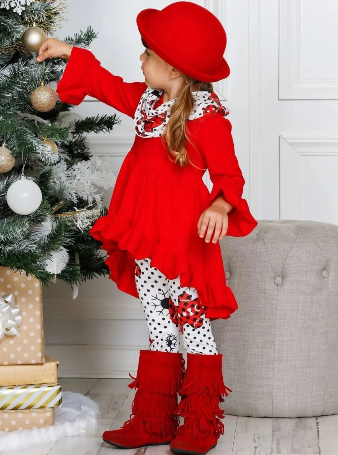 Girls Ruffled Long Sleeve Tunic, Polka Dot Gingerbread Print Leggings And Scarf Set