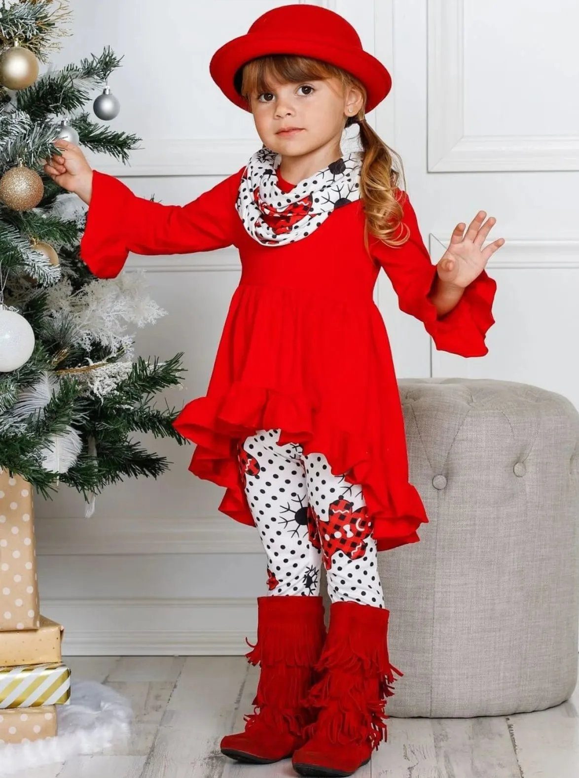 Girls Ruffled Long Sleeve Tunic, Polka Dot Gingerbread Print Leggings And Scarf Set