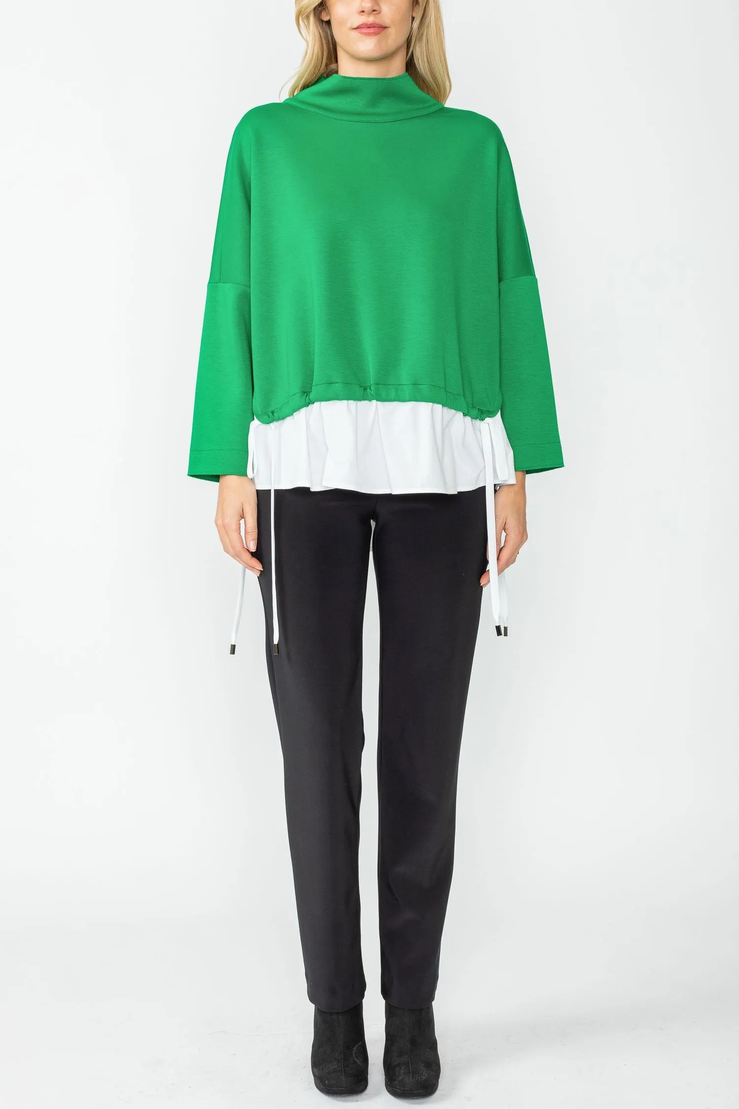 Green High Stand Collar & Shirts Tail Layer Top