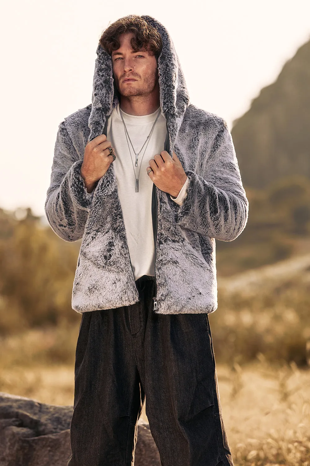 Grey Midi Shearling Men's Winter Coat with Hood