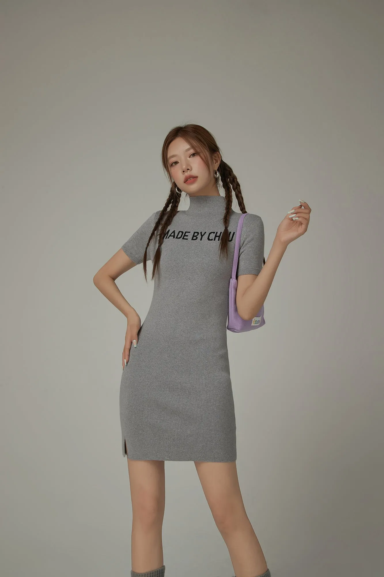 High Neck Logo Knit Mini Dress