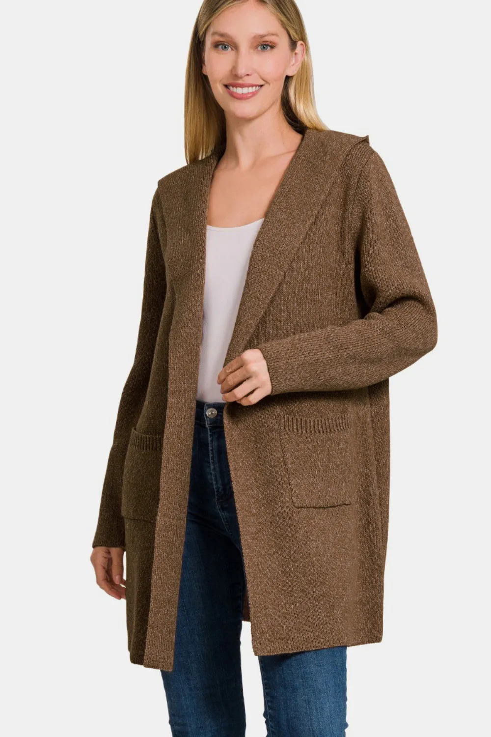 Hooded Open Front Brown Sweater Cardigan